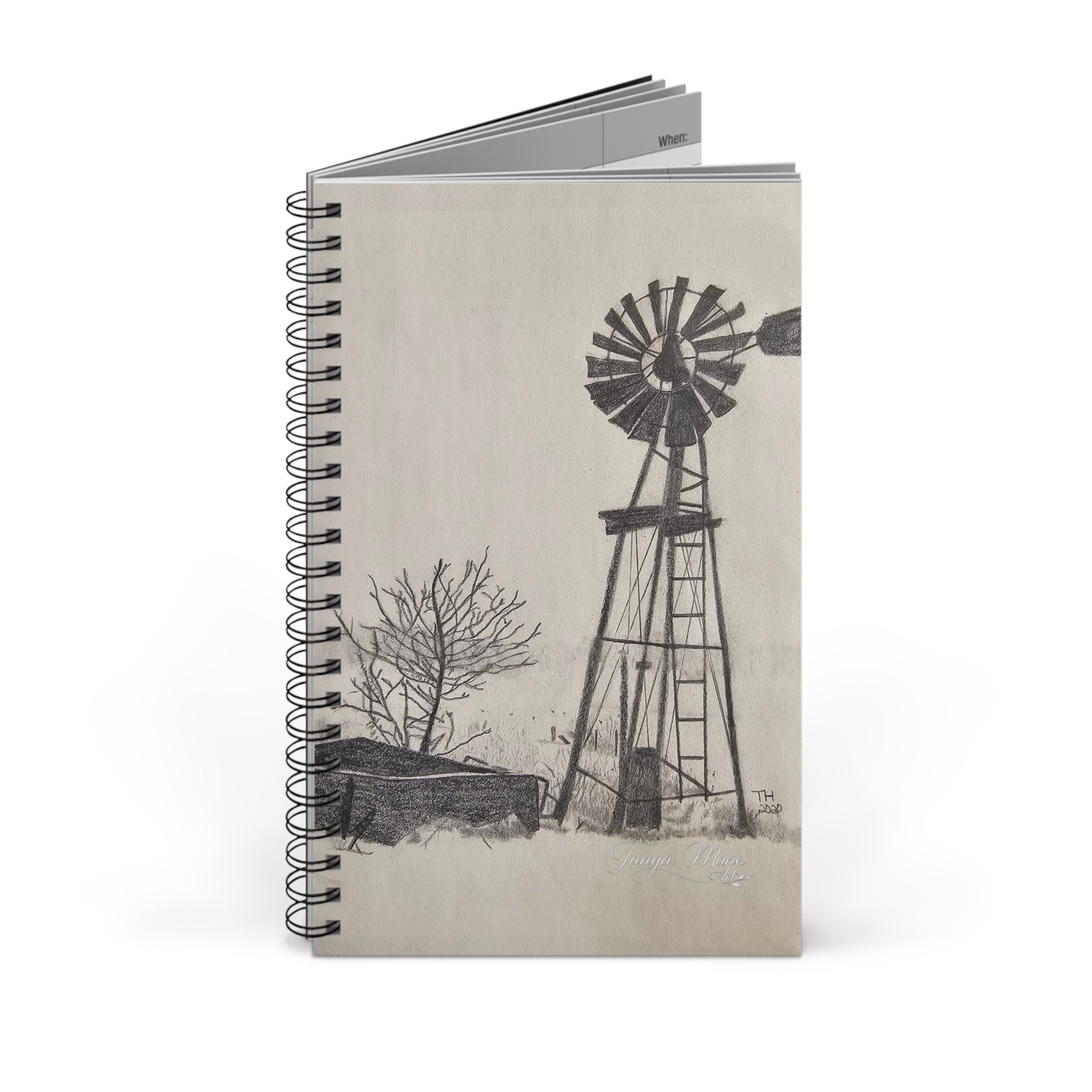 Windmill Sketch Spiral Journal – Rustic Farmhouse Notebook for Notes & Sketching