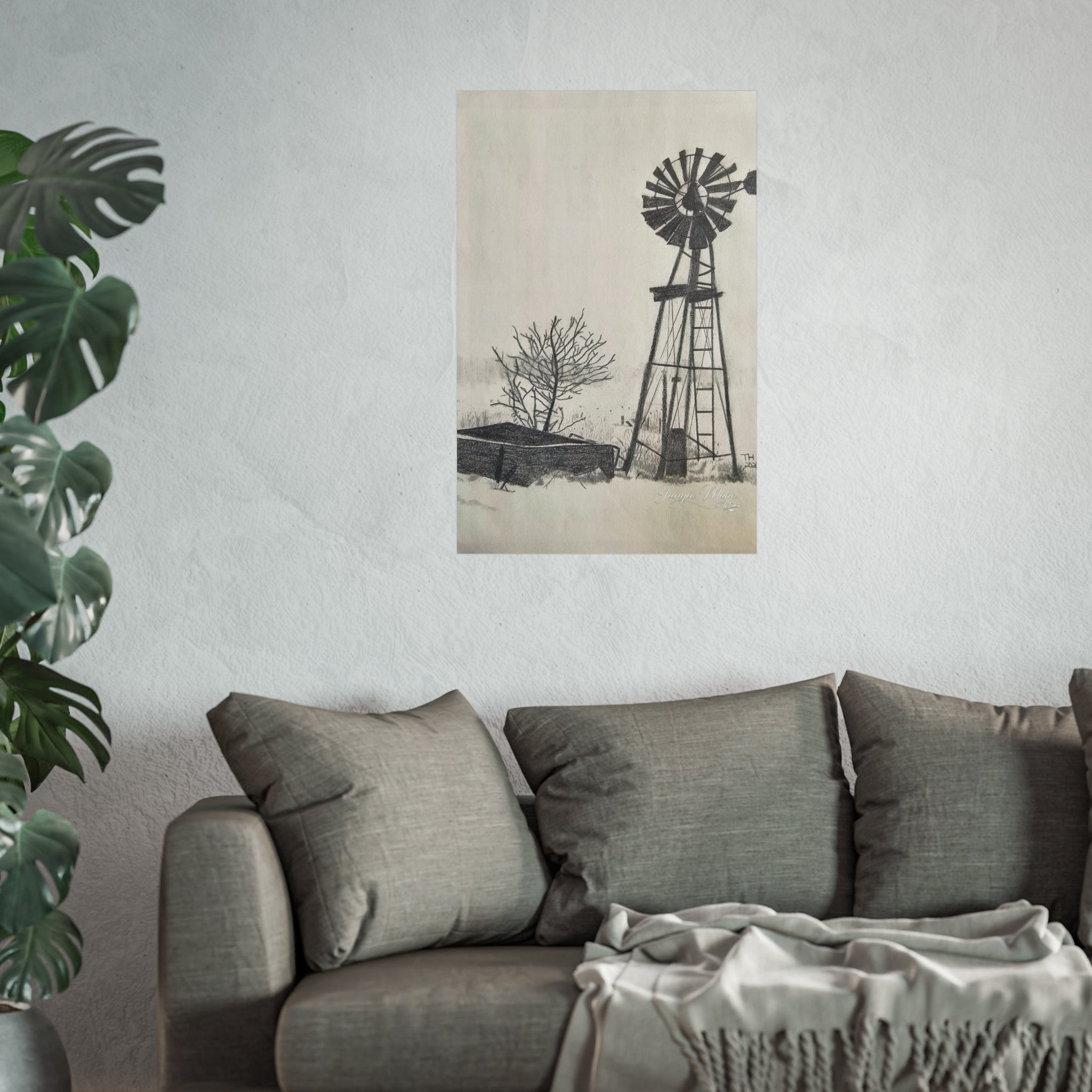 Windmill Sketch Fine Art Poster — Rustic Black & White Wall Art