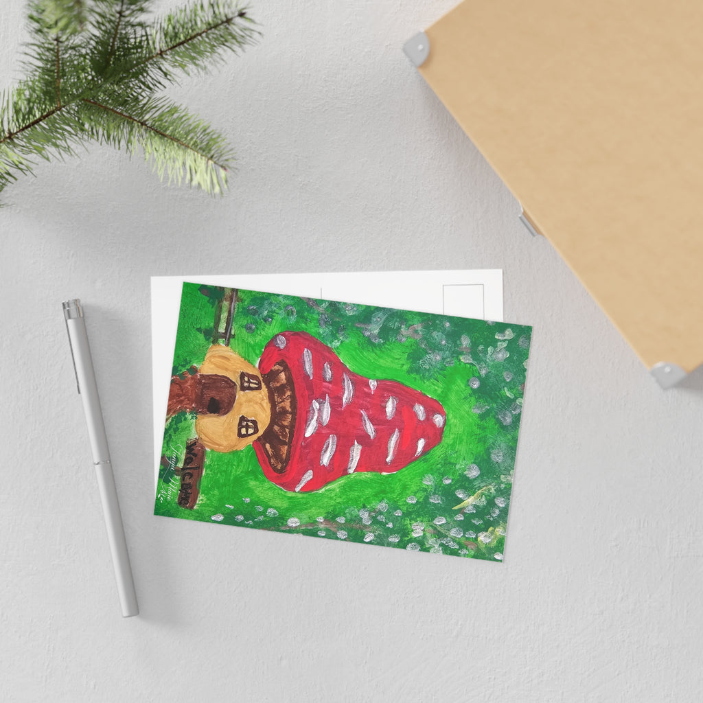 Whimsical mushroom postcard featuring red spotted toadstool and brown dog on green
