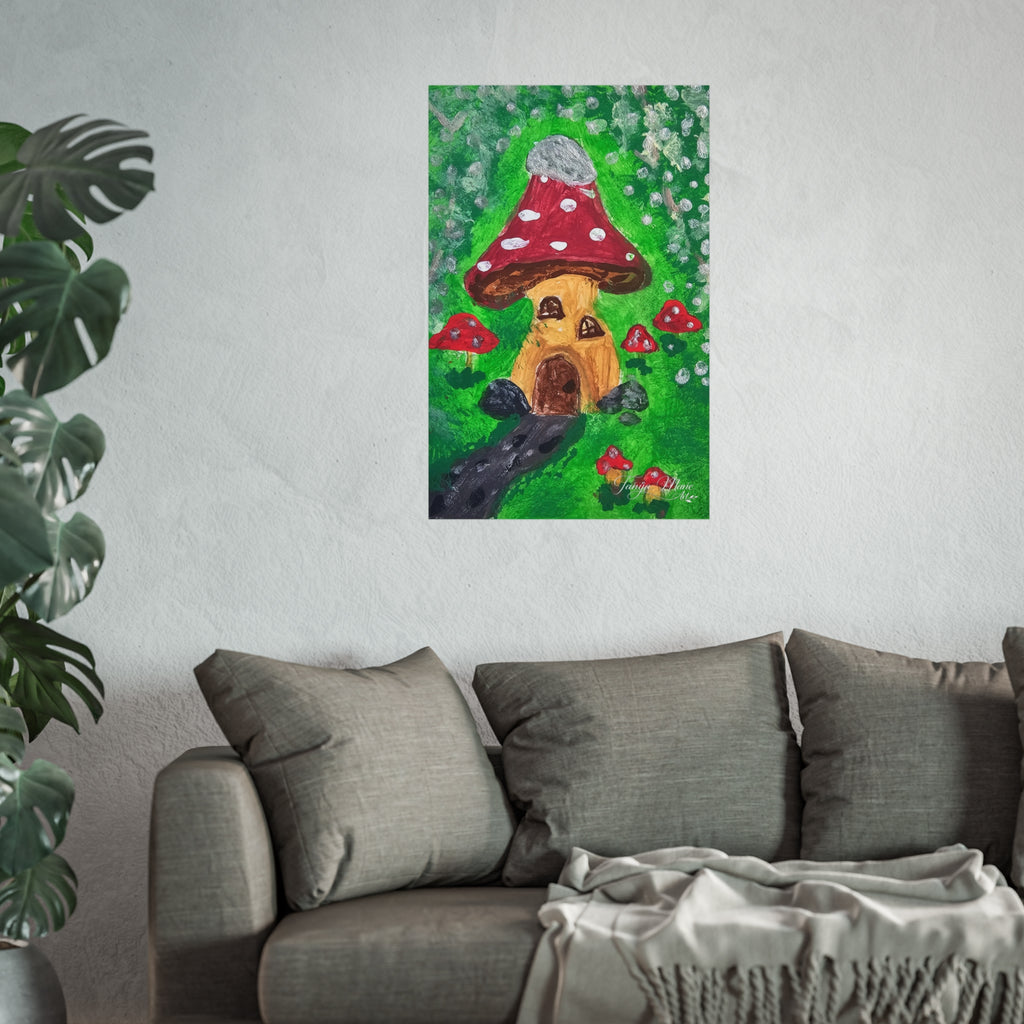Matte fine art poster with red spotted mushroom house, green groundcover, and small red mushrooms
