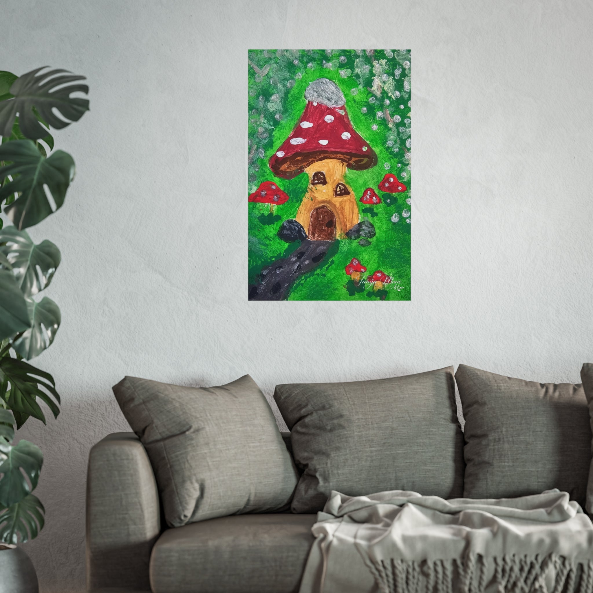 Matte fine art poster with red spotted mushroom house, green groundcover, and small red mushrooms