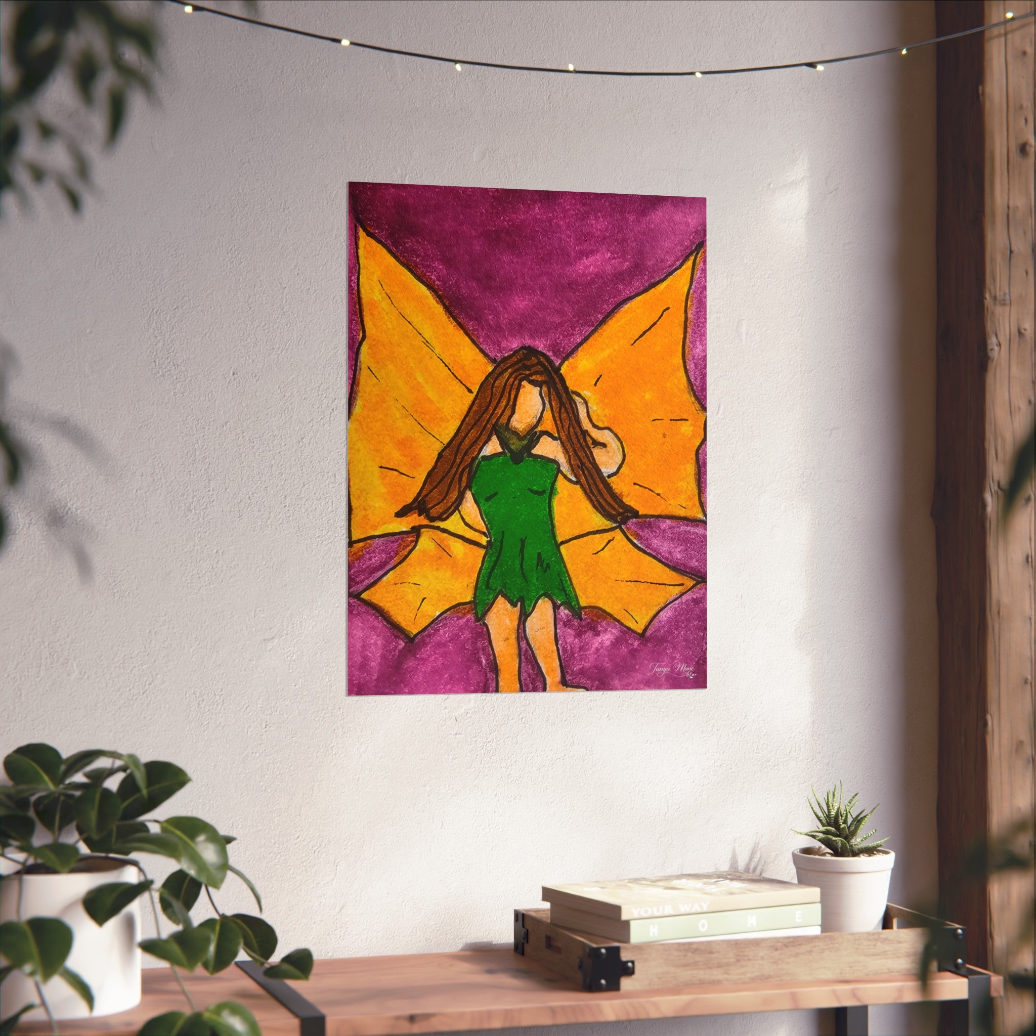 Whimsical fairy wings art poster with purple and orange wings and a green dress figure