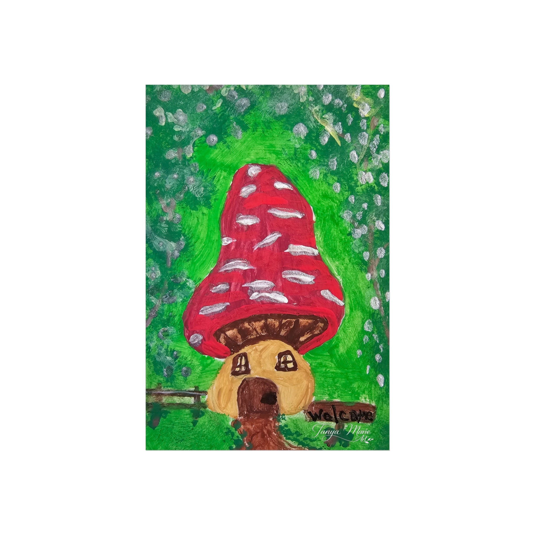 Fine art poster of a red mushroom house with two small window details on green foliage