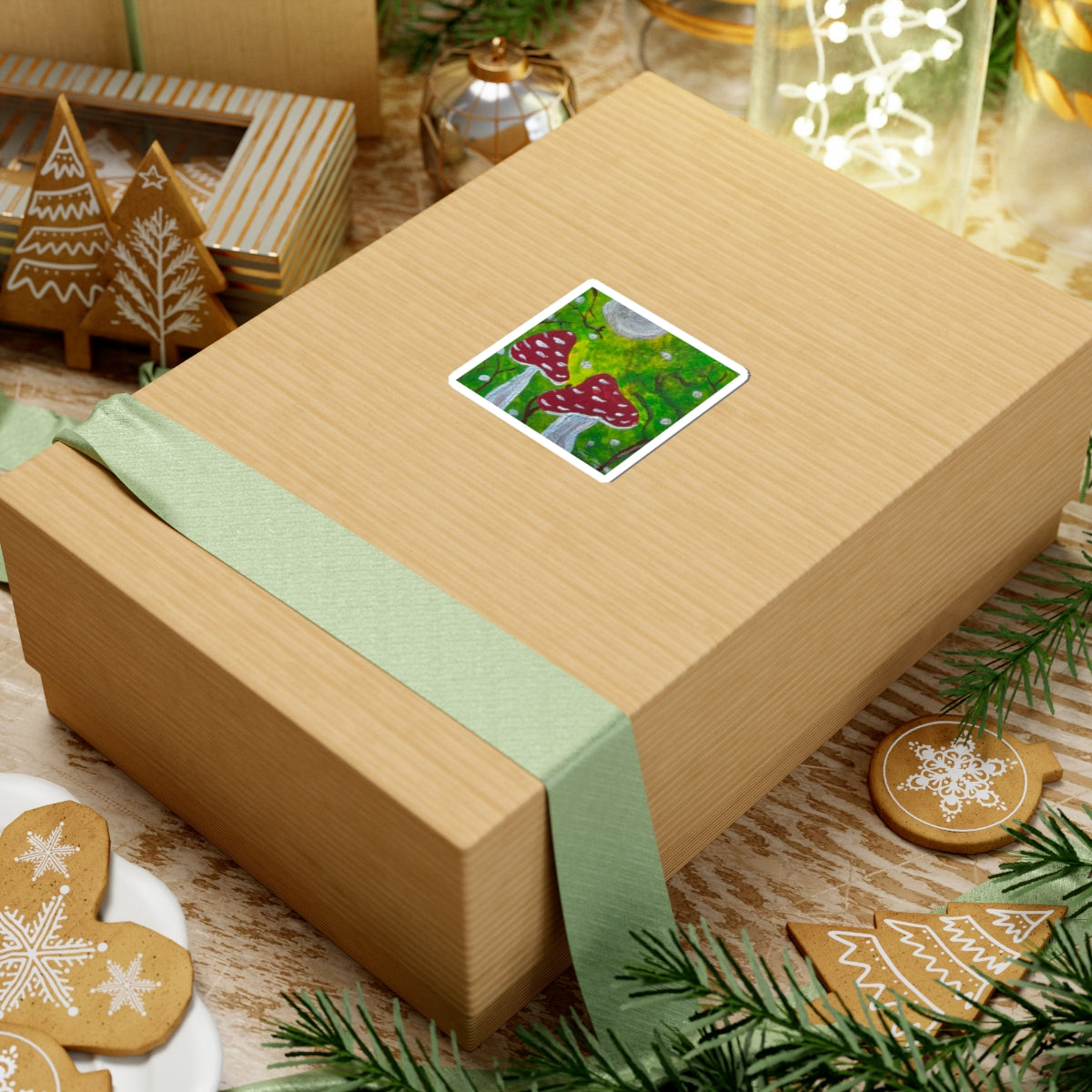 Kiss-cut sticker on a wrapped gift box, red toadstools in a green forest scene.