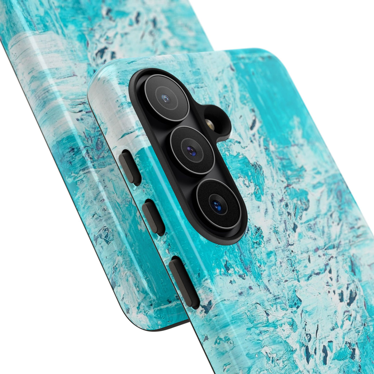 Turquoise marble case close-up with abstract ocean blue print and triple-lens camera area