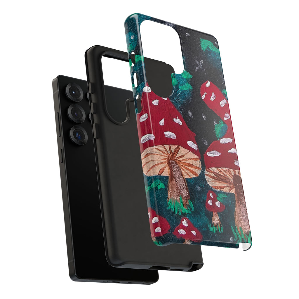 Tough phone case with mushroom pattern front cover over a black inner shell.