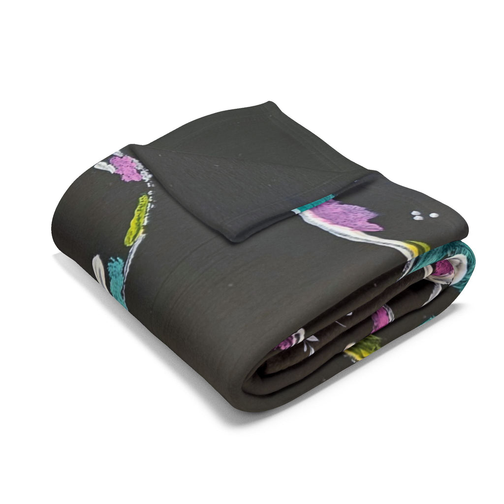 Folded fleece throw blanket with dark color and colorful bubble pattern