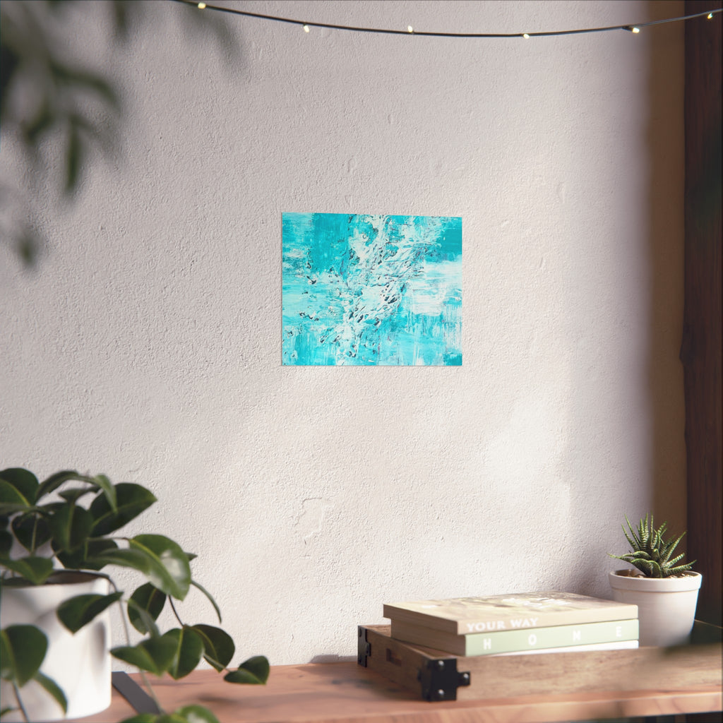 Turquoise abstract art poster with oceanic brush layers on matte paper.