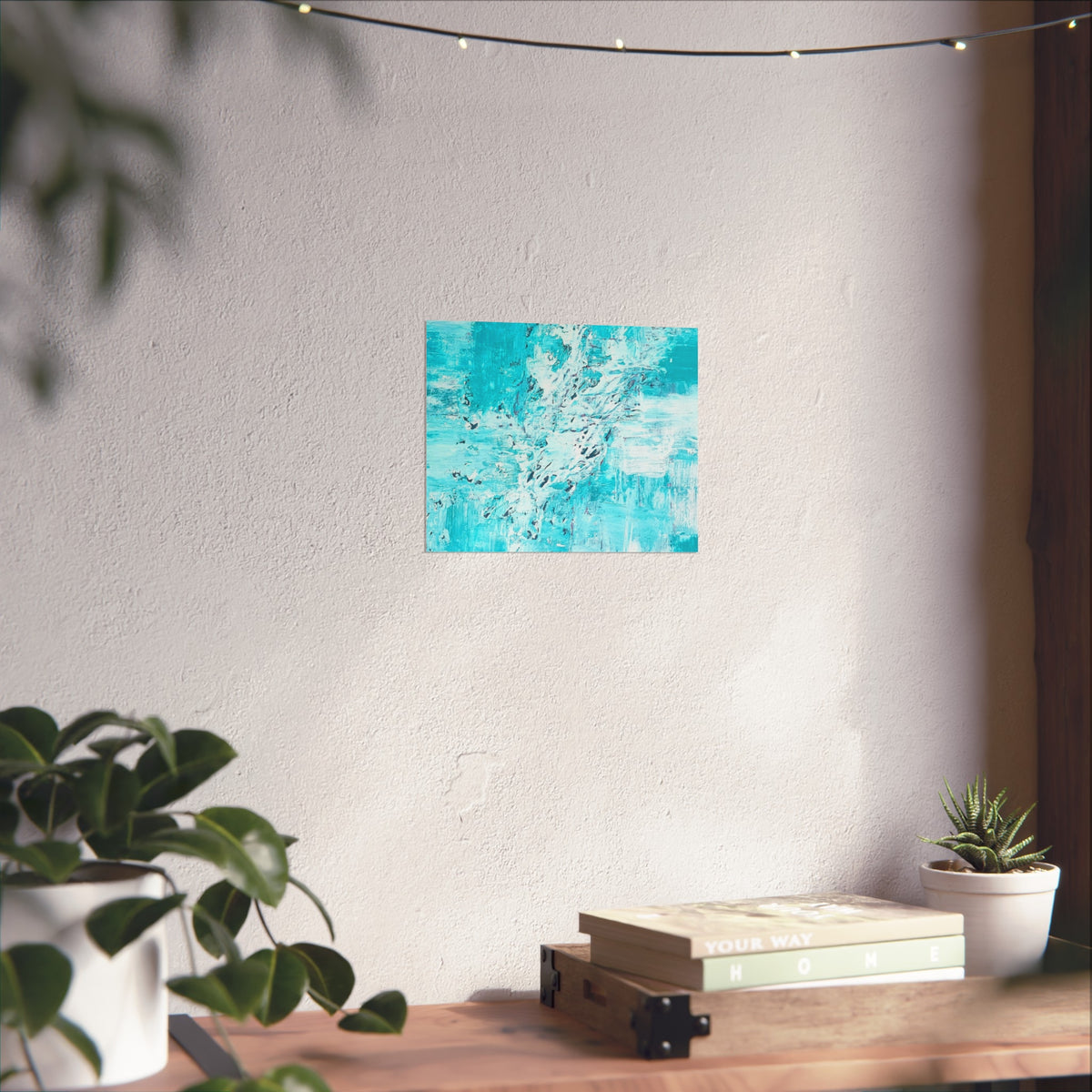 Turquoise abstract art poster with oceanic brush layers on matte paper.