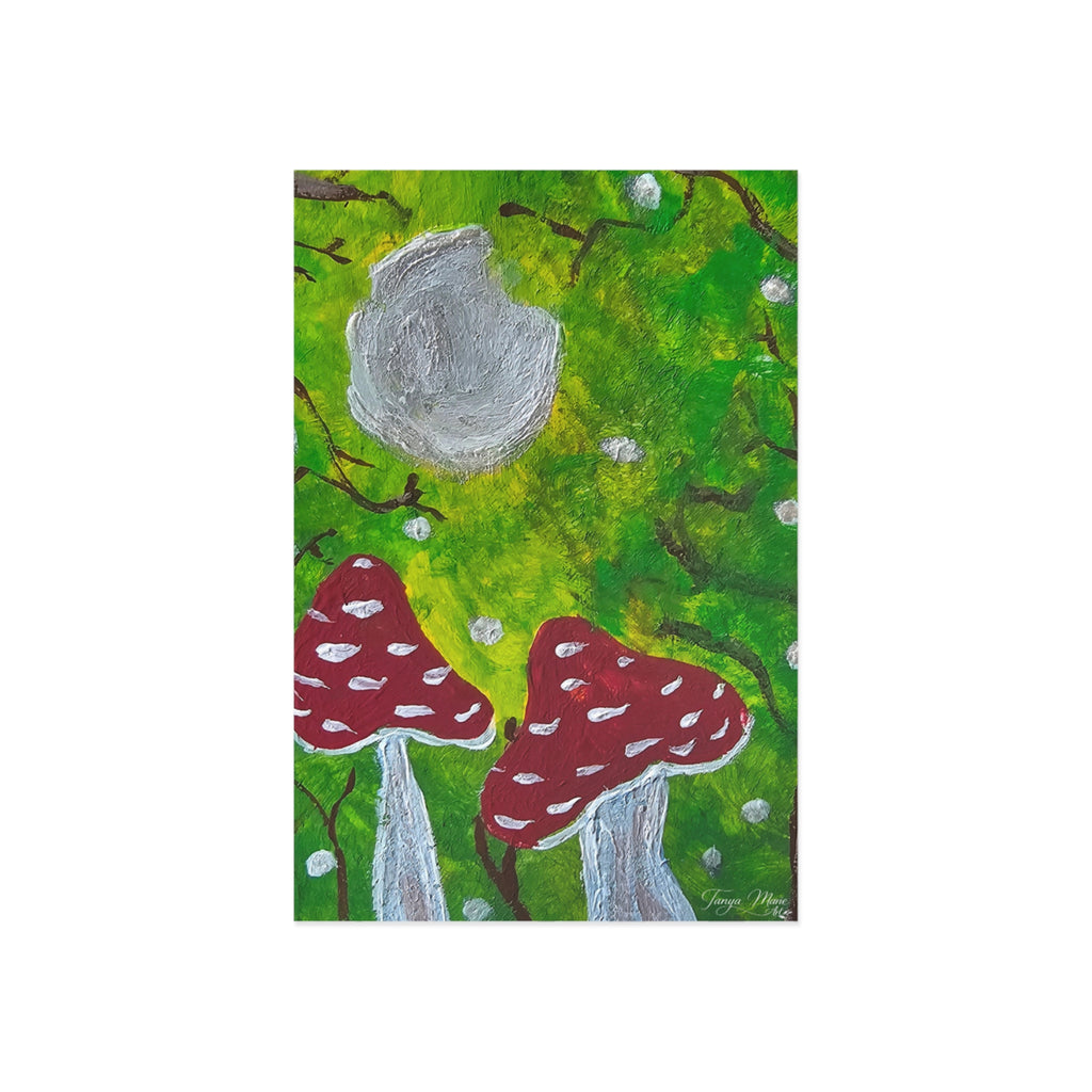 Glossy art postcard vertical: red toadstools and gray mushroom caps on green forest art