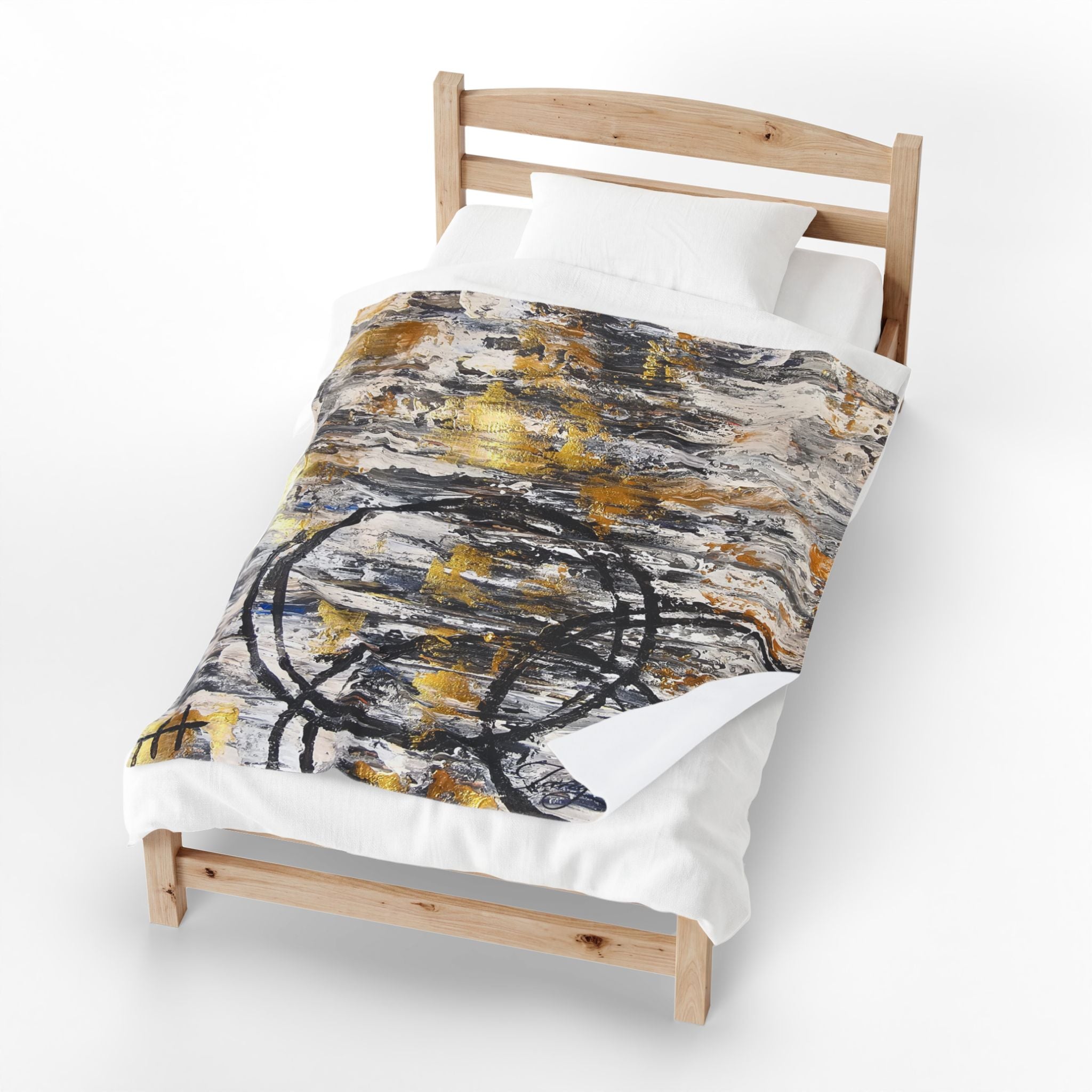 Abstract plush blanket with charcoal and gold circle line art, multicolor textured design