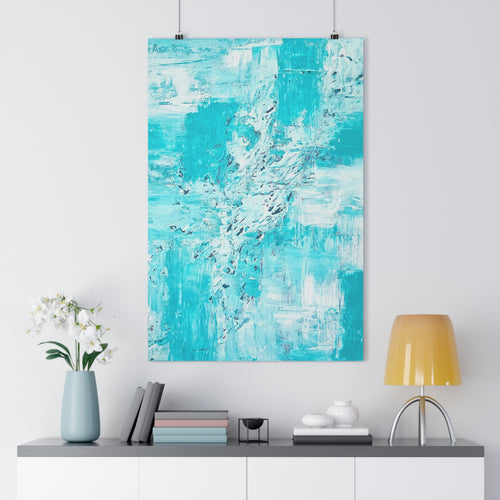 Abstract turquoise ocean giclée art print with white brushstrokes and textured blue tones
