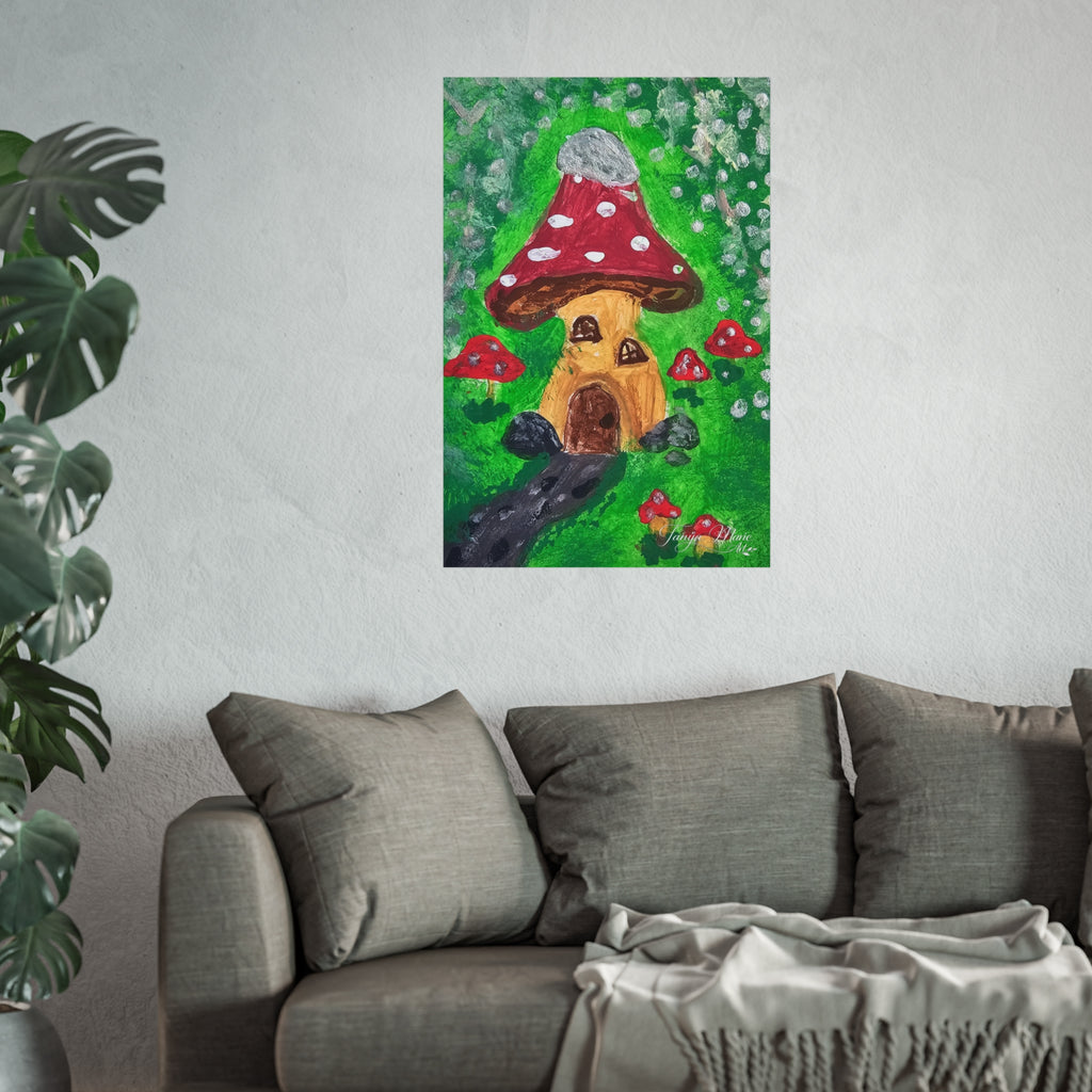 Matte fine art poster depicting mushroom cottage with red dots, green leaves, and dark bird-like form