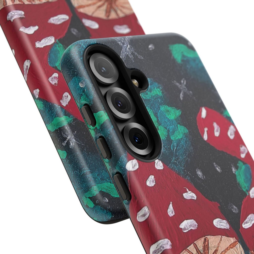 Tough phone case side view with mushroom forest print, raised camera bump, dark edge