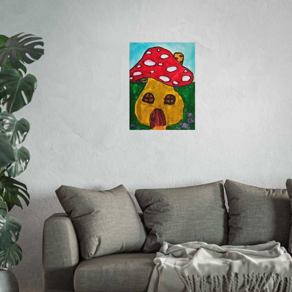 Red mushroom and yellow cottage illustration poster hung on wall