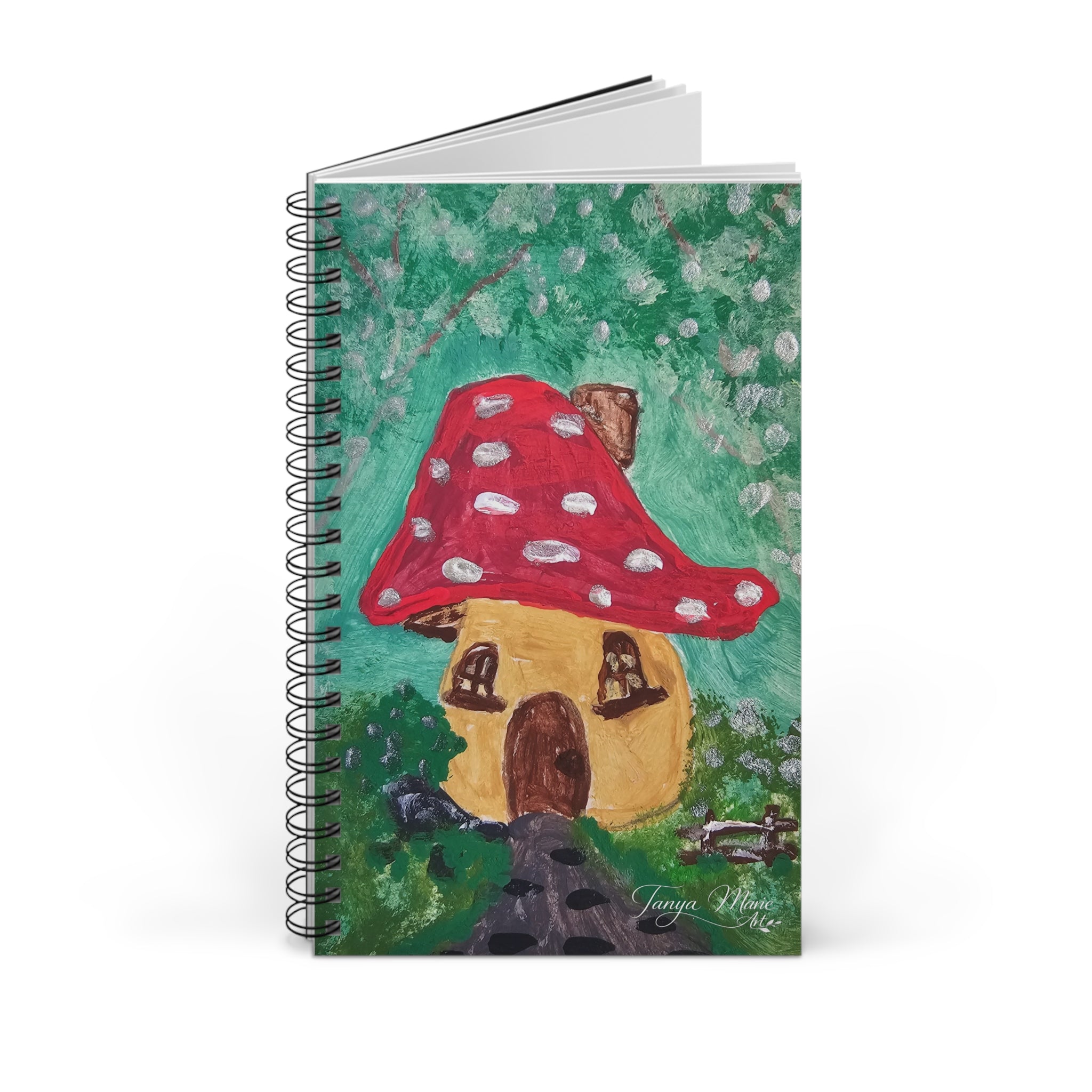 Spiral journal with mushroom cottage cover, red mushroom house artwork, includes back pages