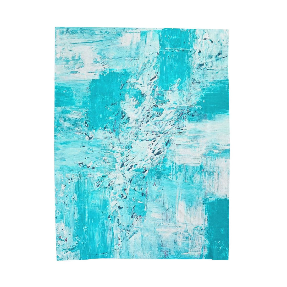 Velveteen plush blanket pattern: turquoise abstract brush-stroke waves on white background