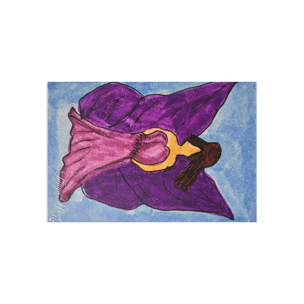 Purple winged fairy postcard illustration with pink dress, on blue textured background