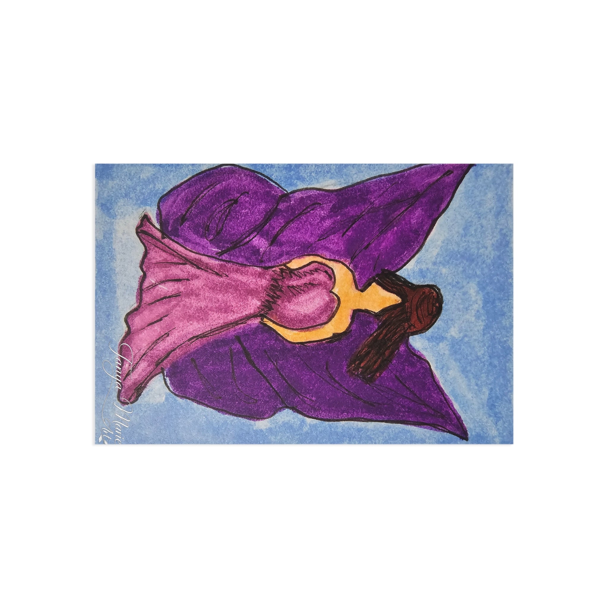 Purple winged fairy postcard illustration with pink dress, on blue textured background