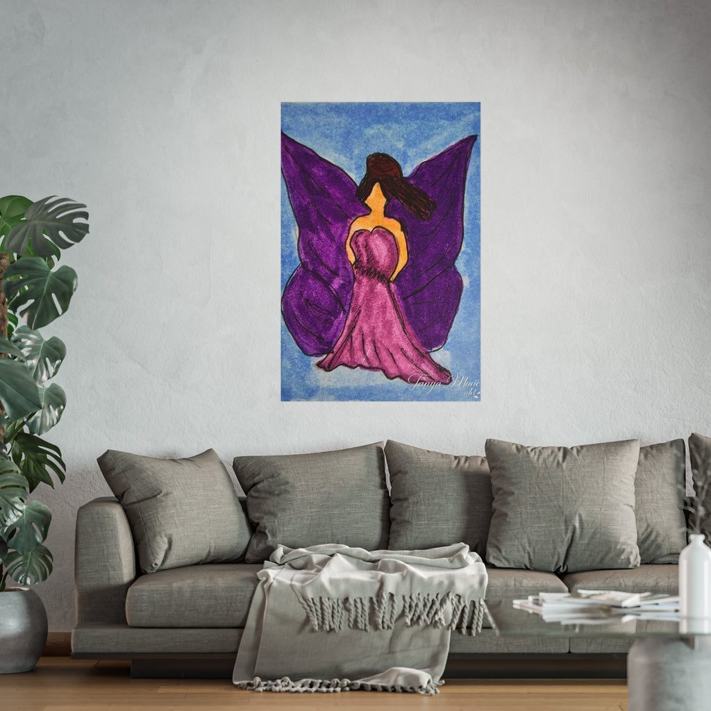 Purple winged fairy fine art poster with pink dress on blue textured background