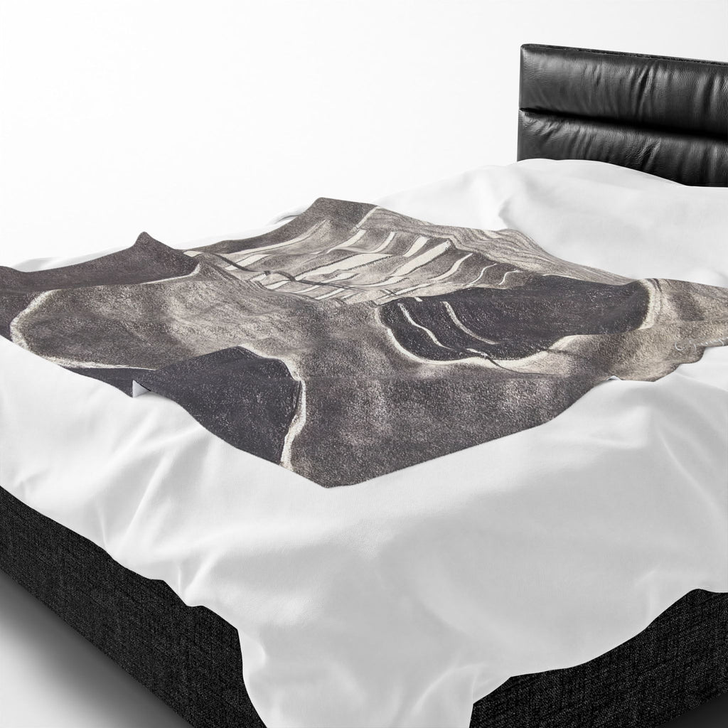 Velveteen plush blanket close-up, gray guitar artwork with white string lines and outline