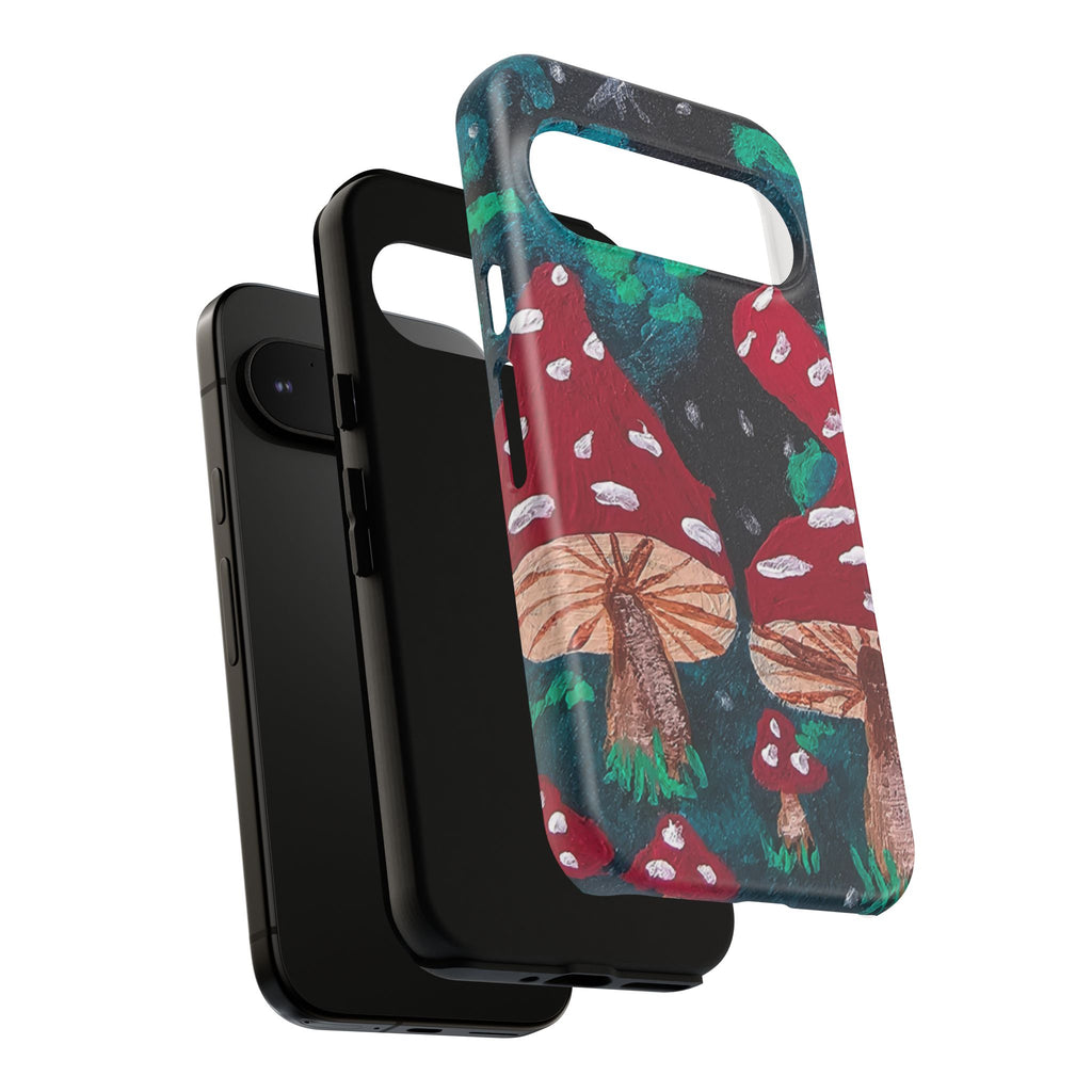 Tough phone case with red and green mushroom forest print, raised bumper and side openings
