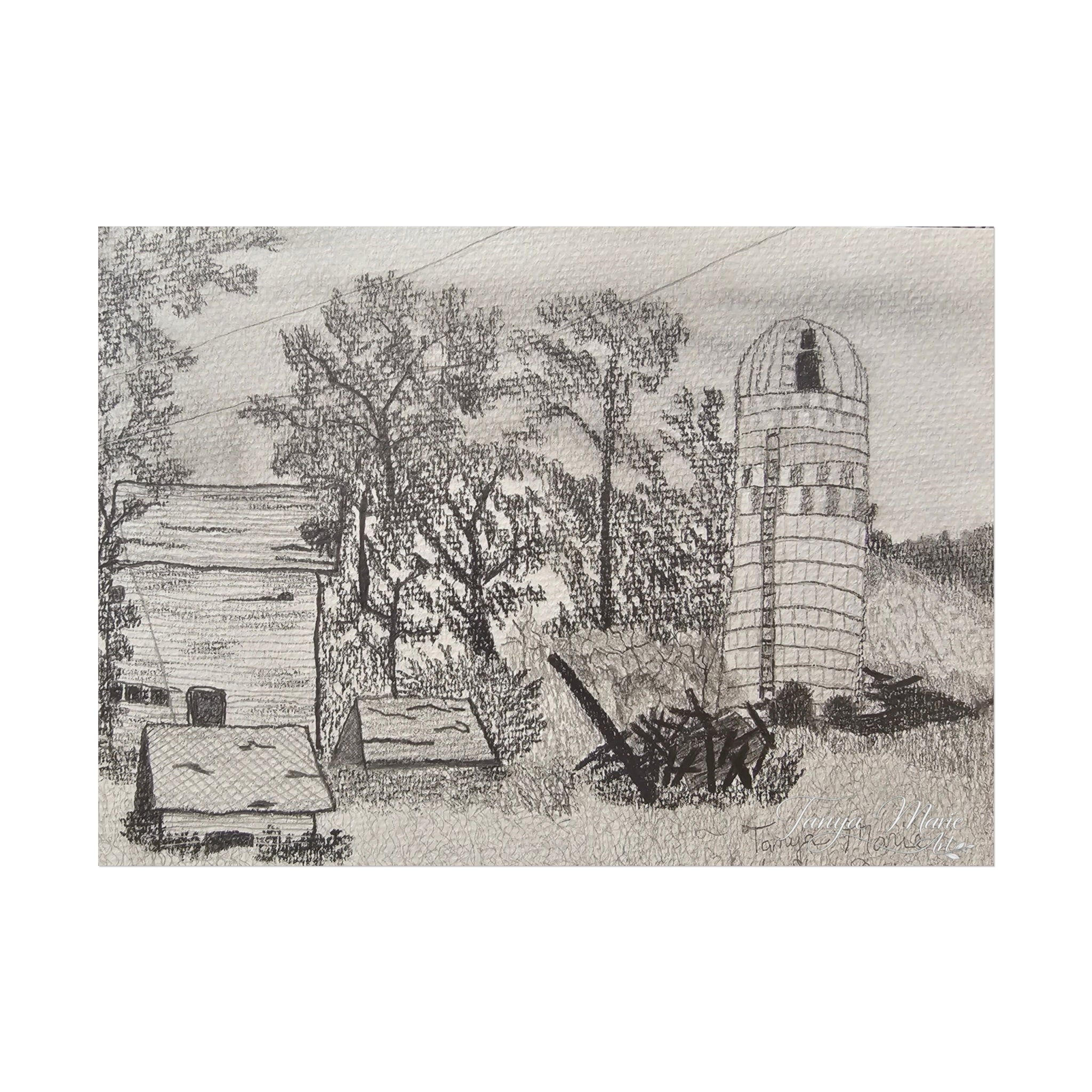 Rural Silo Pencil Sketch Poster — Fine Art Farm Landscape Print
