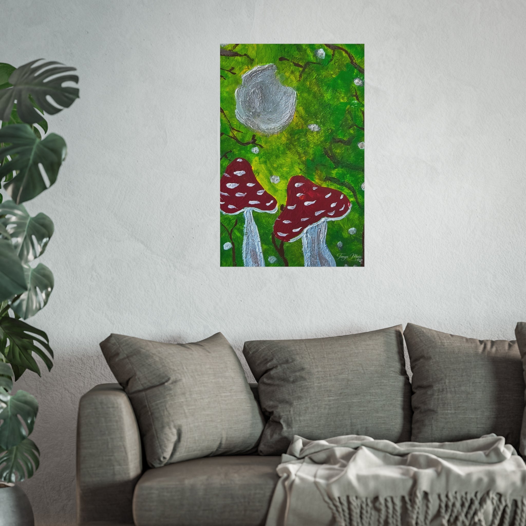 Mushroom wall art poster with green background, gray round mushroom cap, and red spotted mushrooms.