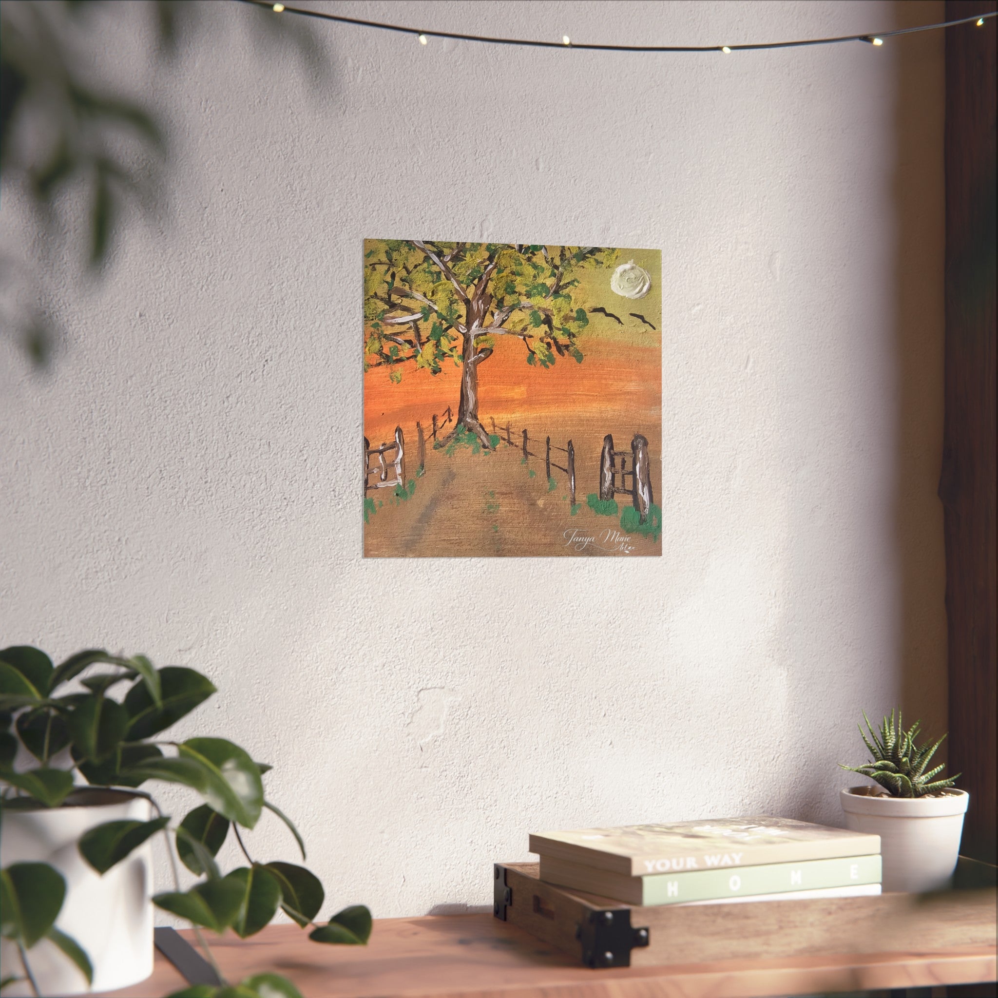 Sunset Path Fine Art Poster — Tree, Fence & Moon Landscape Print