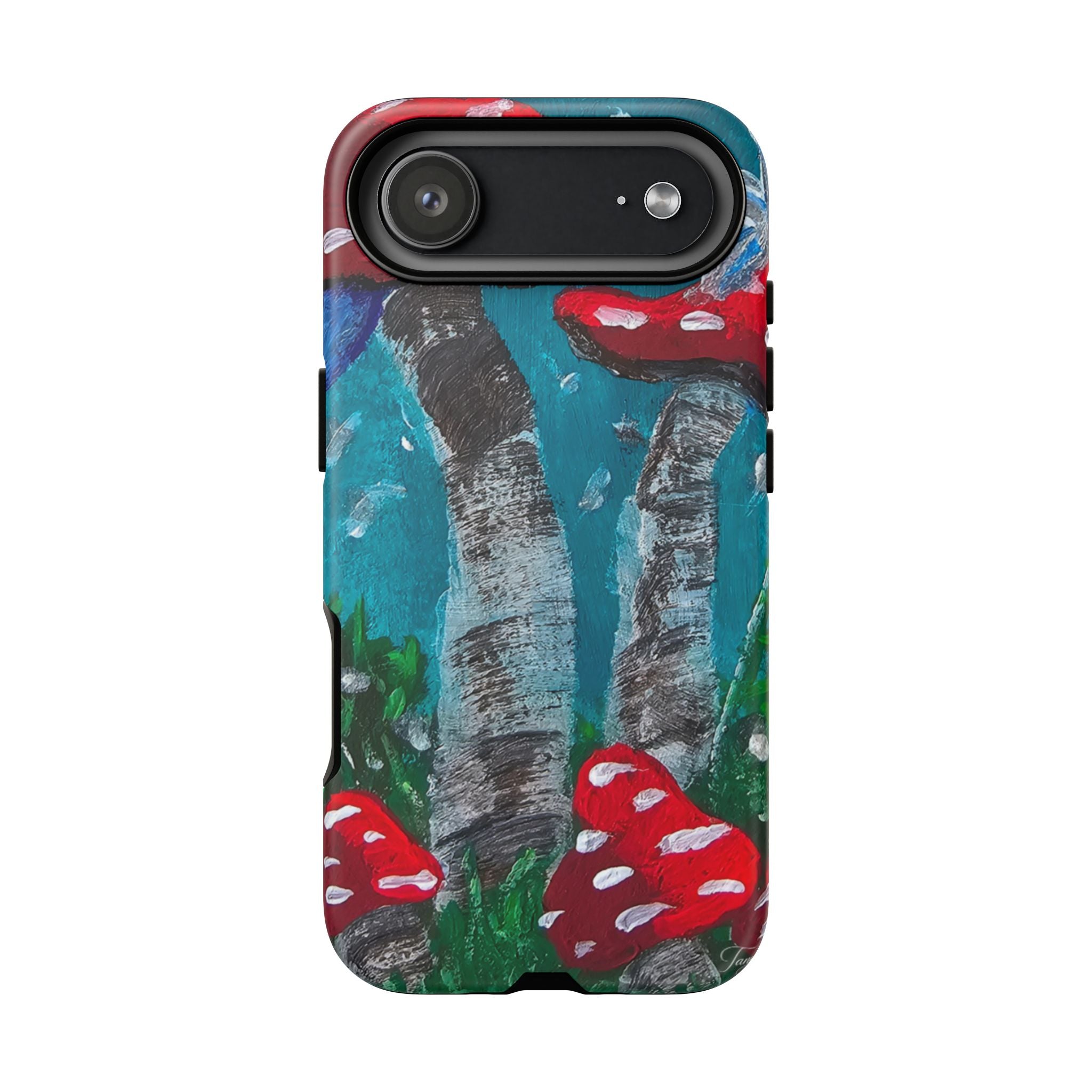 Phone case with glossy finish, teal birch design and red toadstools, back camera cutout visible.