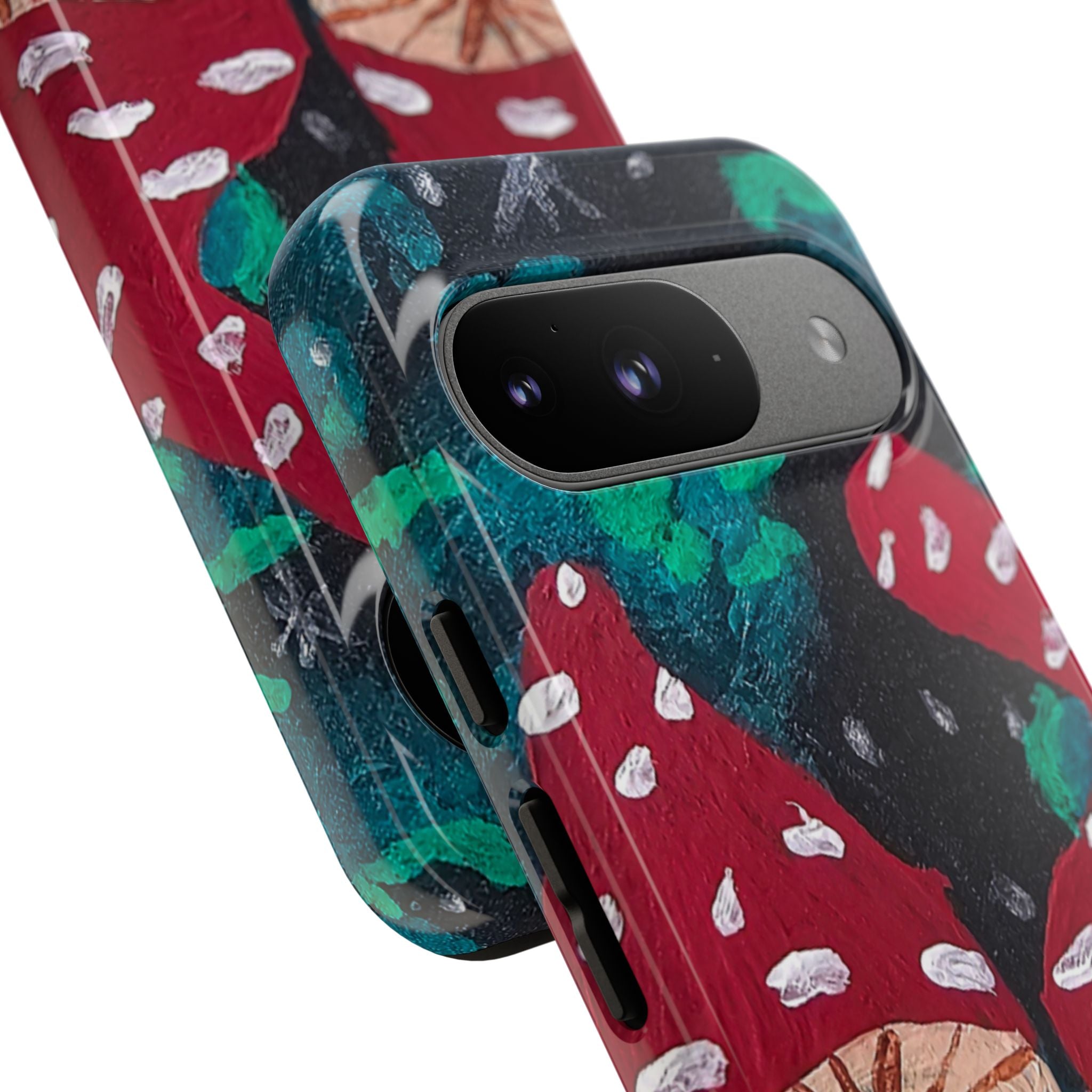 Tough phone case close-up: protective camera cover, side cutouts, mushroom forest artwork.