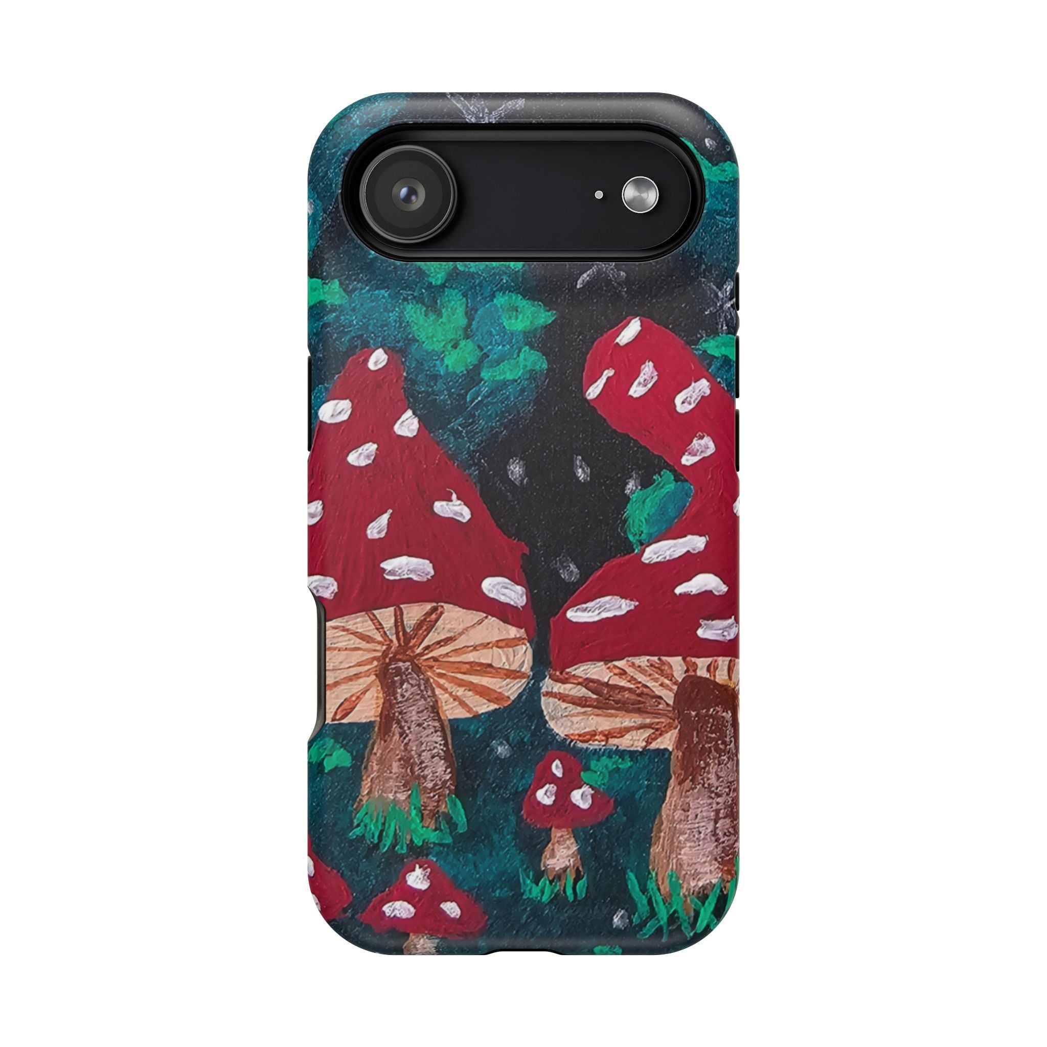 Phone case with red toadstool forest design, top camera and side button cutouts