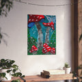 Whimsical mushroom garden poster with red toadstools and blue-green stems on matte paper