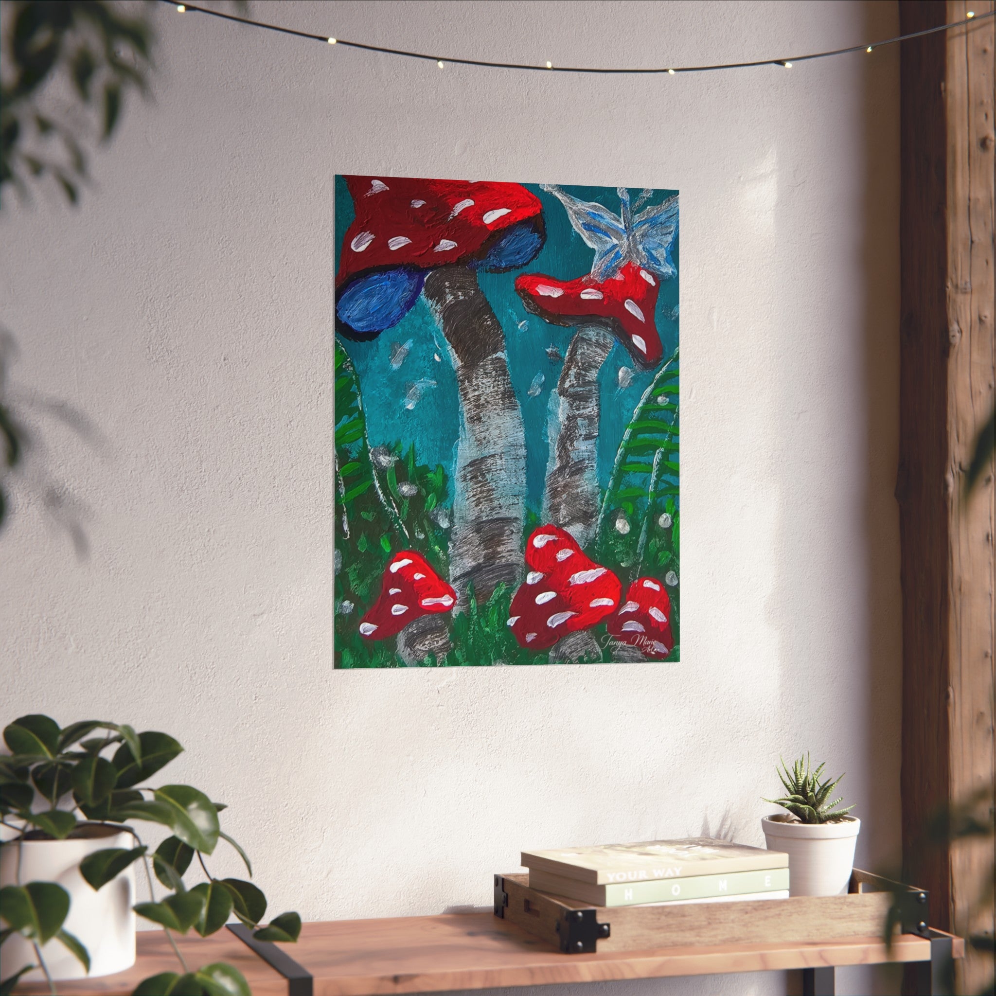Whimsical mushroom garden poster with red toadstools and blue-green stems on matte paper