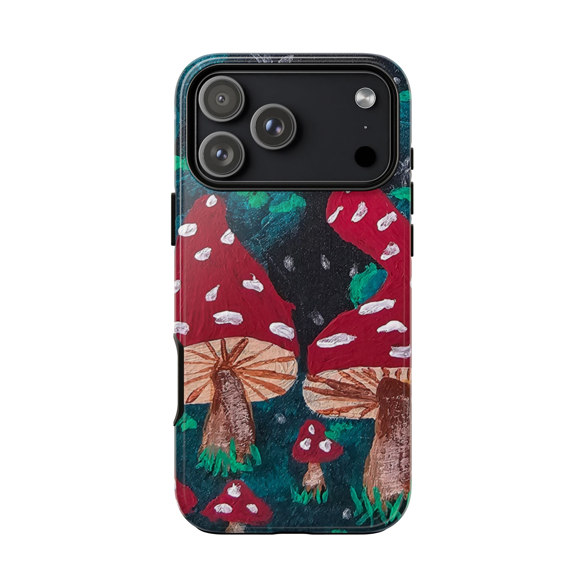 Tough phone case with mushroom forest scene, teal border, camera and flash cutouts.