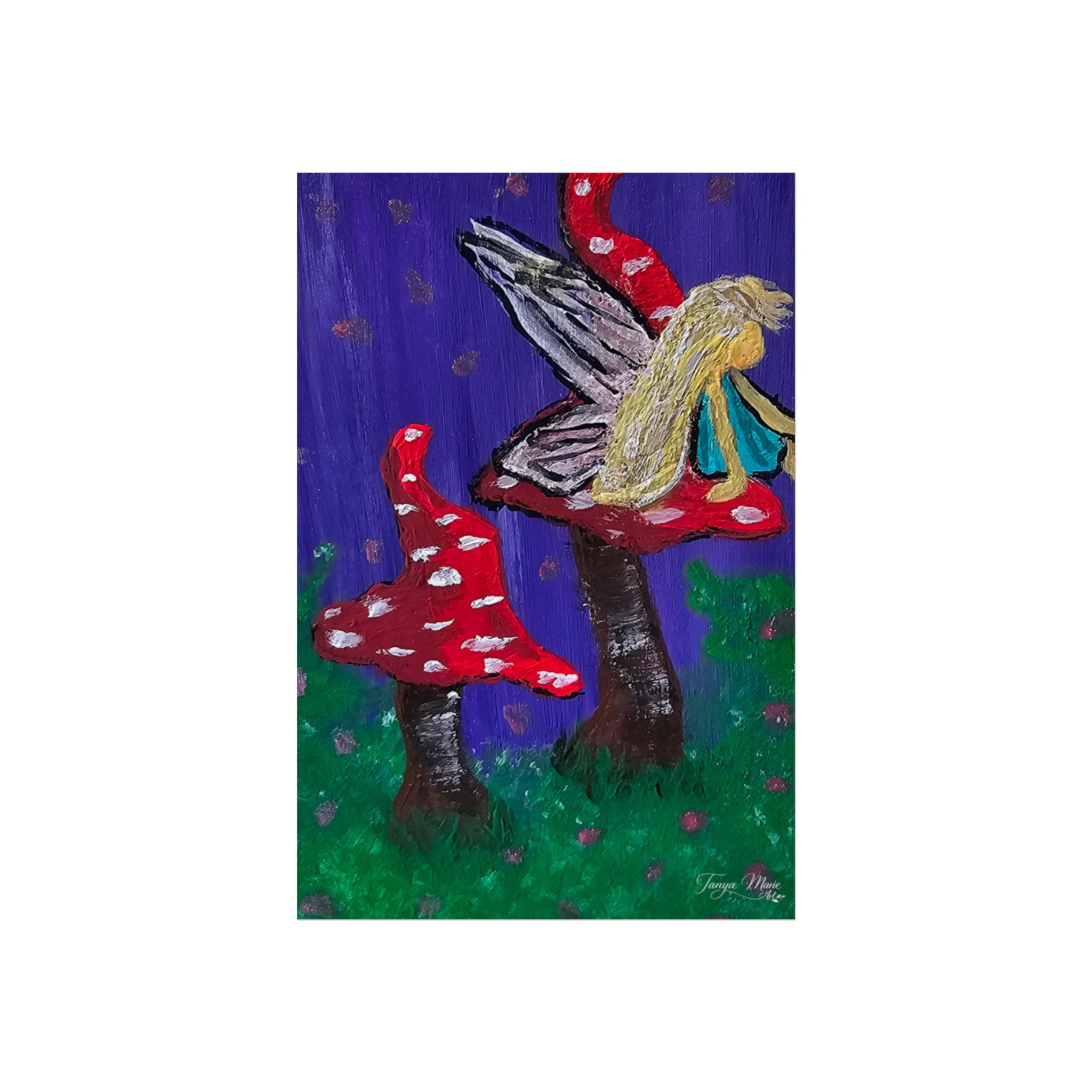 Matte fine art poster featuring a blonde fairy on red spotted mushrooms and dark tree trunks
