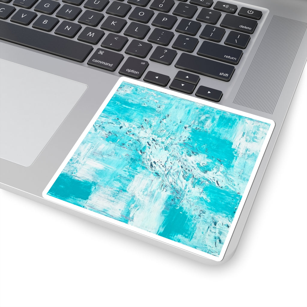 Teal abstract brushstroke art sticker on white backing, square with thin white border.