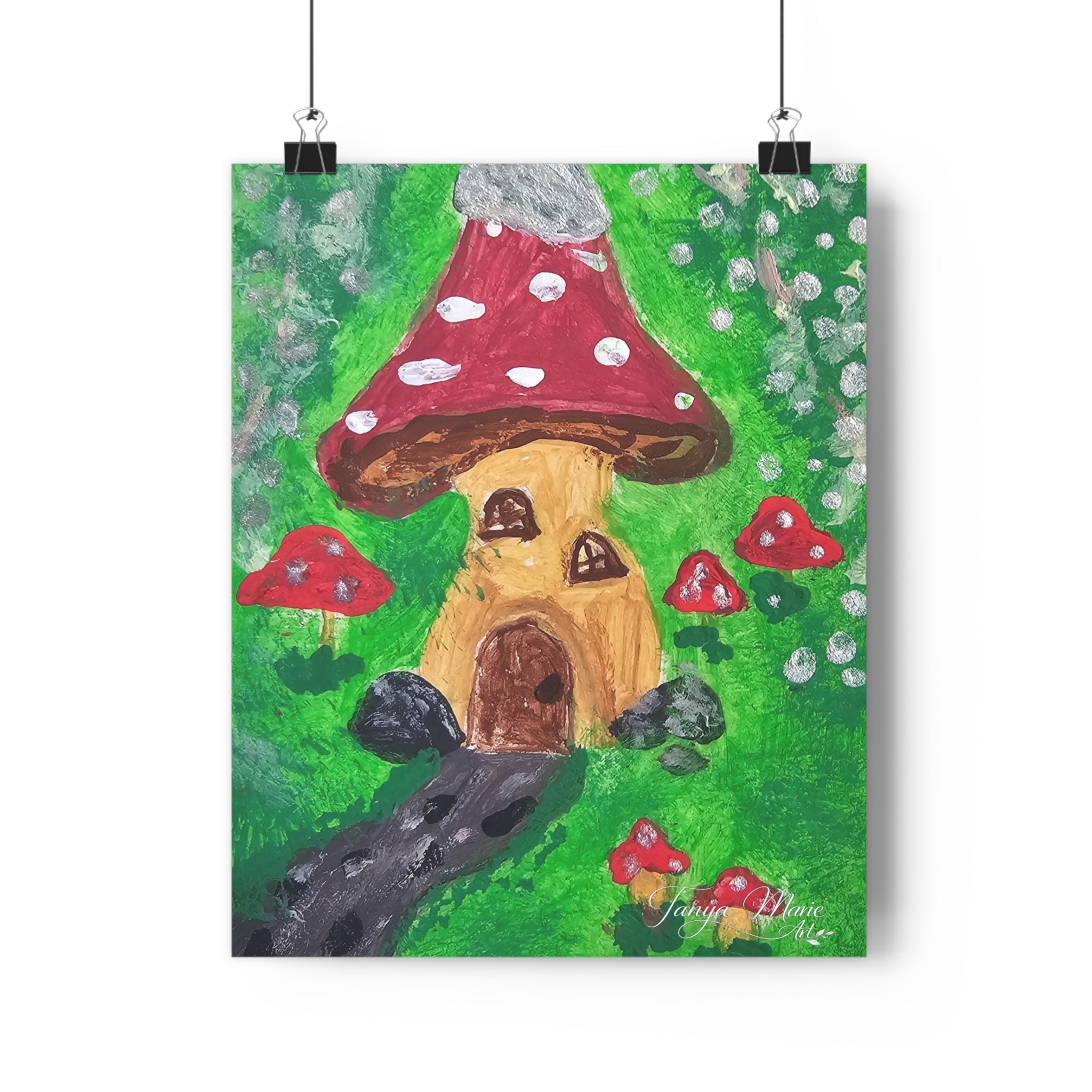 Square fairy garden wall art print with red mushroom house on green foliage