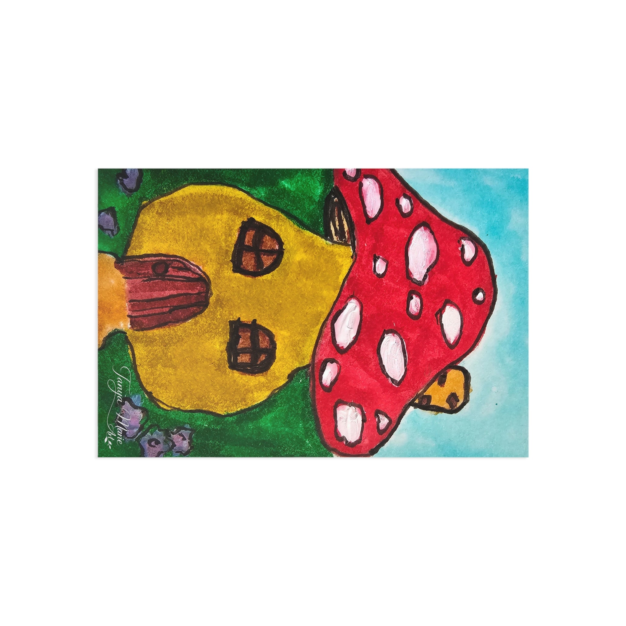 Close-up postcard art of red spotted mushroom and yellow cottage with door