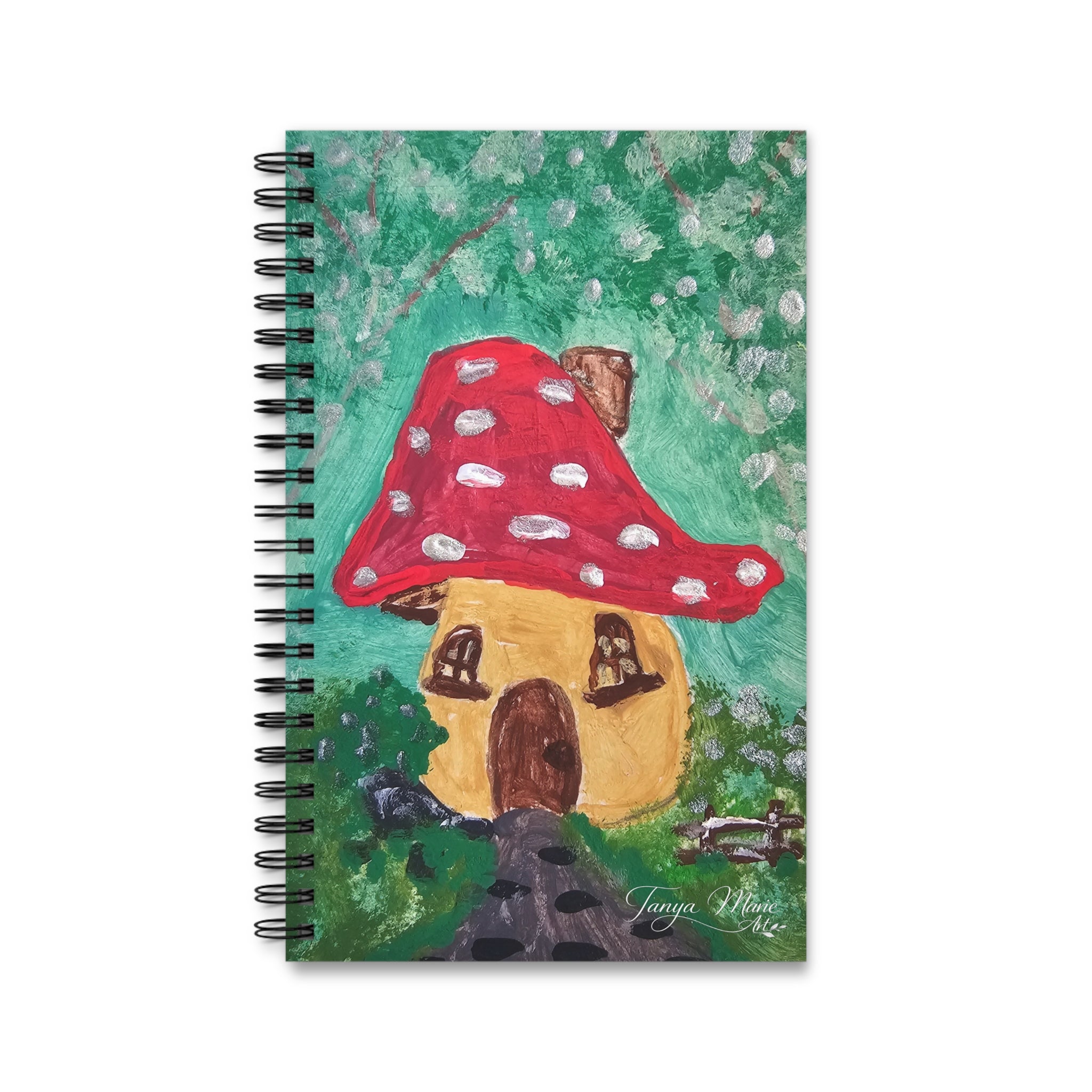 Whimsical nature spiral notebook cover showing a red mushroom cottage scene