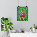 Hanging wall art print with red spotted mushroom house and brown dog