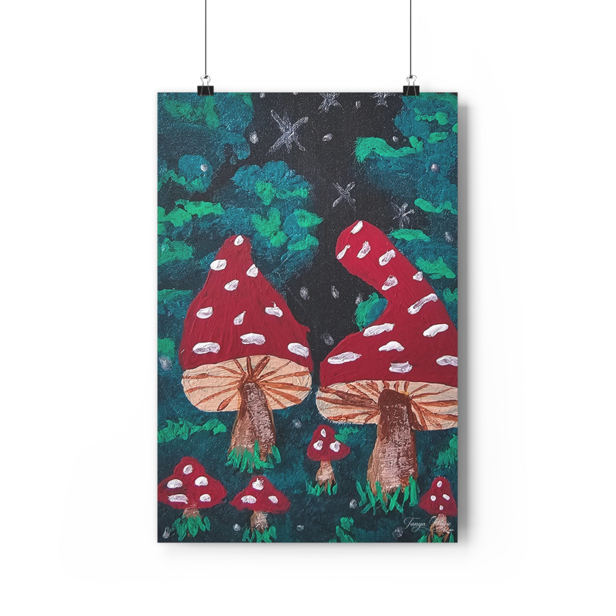 Giclée art print of red toadstools in a dark forest