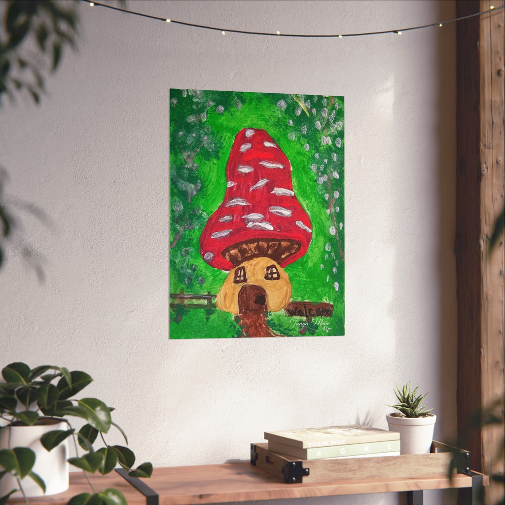 Fine art poster of red mushroom house with brown doorway and green foliage, white speckles