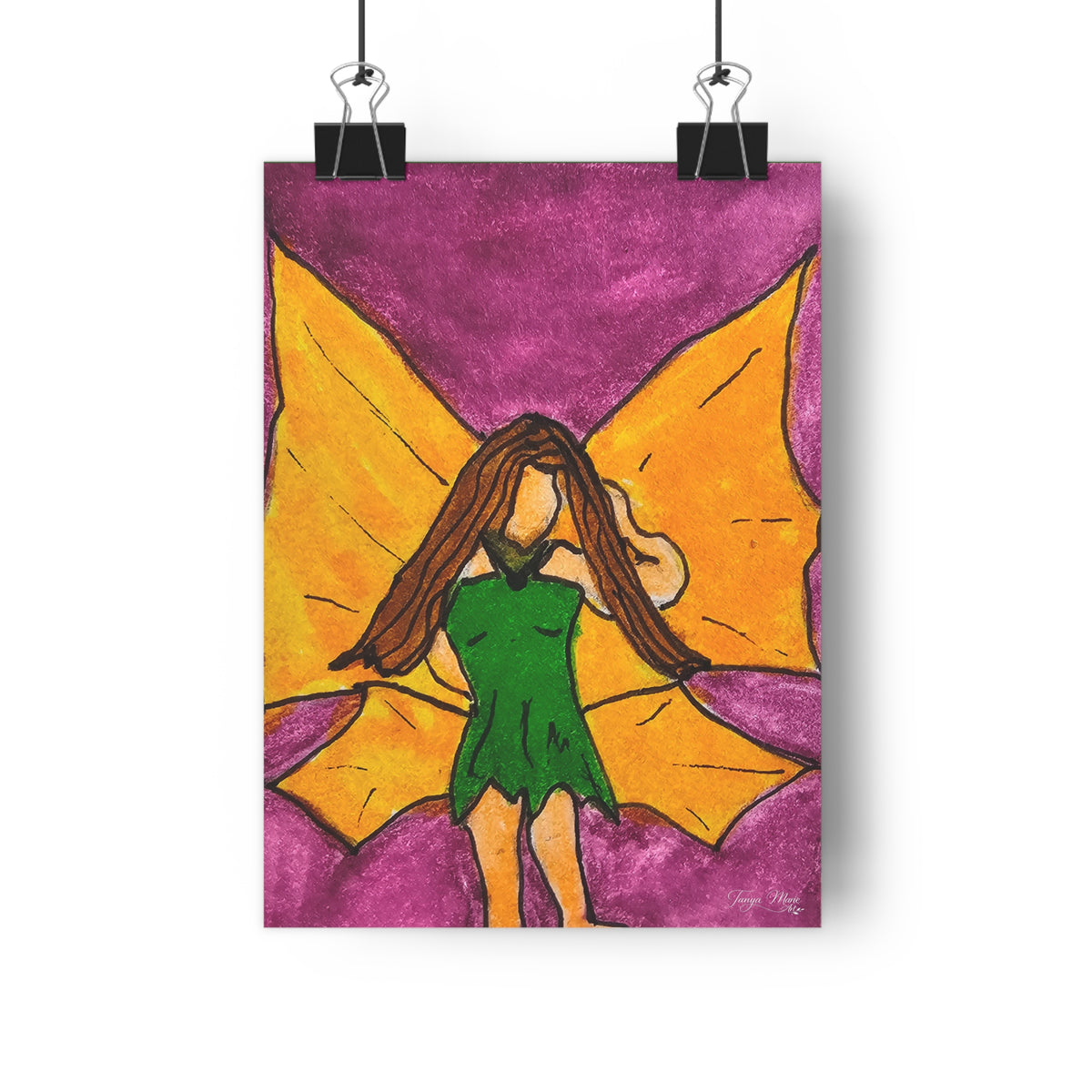 Fairy girl giclée art print with orange wings and purple background
