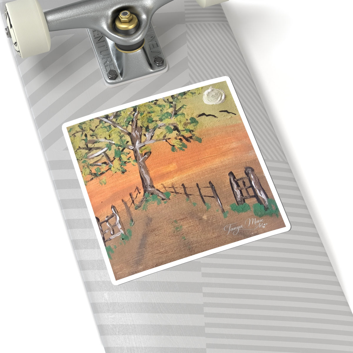 Countryside Sunset Sticker — Tree, Fence & Moon Kiss-Cut Art Sticker