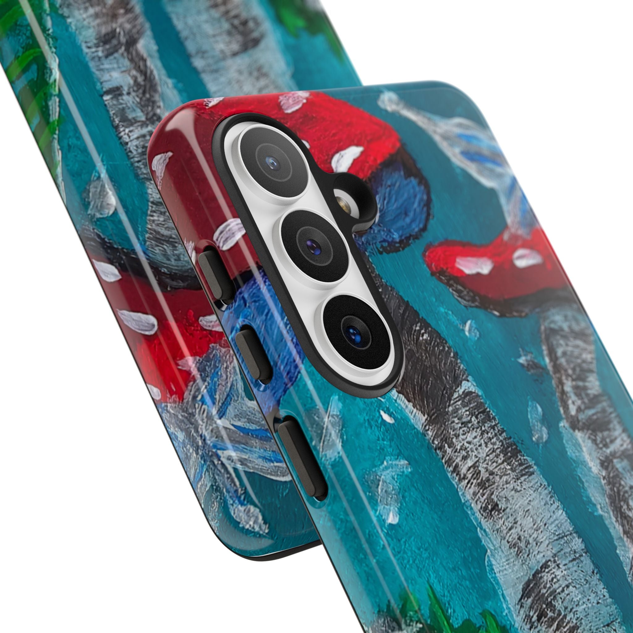 Phone case with red toadstool design and teal/blue stripes, visible triple-lens camera openings