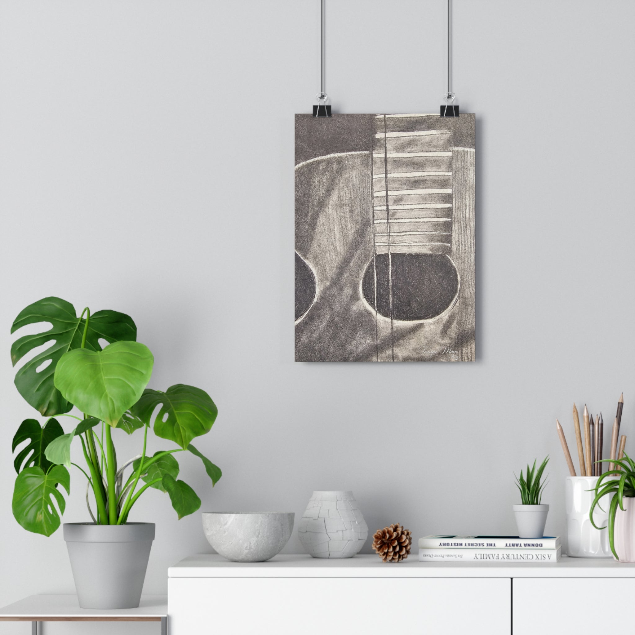 Acoustic Guitar Charcoal Giclée Art Print — Monochrome Music Wall Art