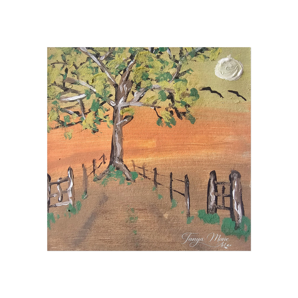 Sunset Path Fine Art Poster — Tree, Fence & Moon Landscape Print