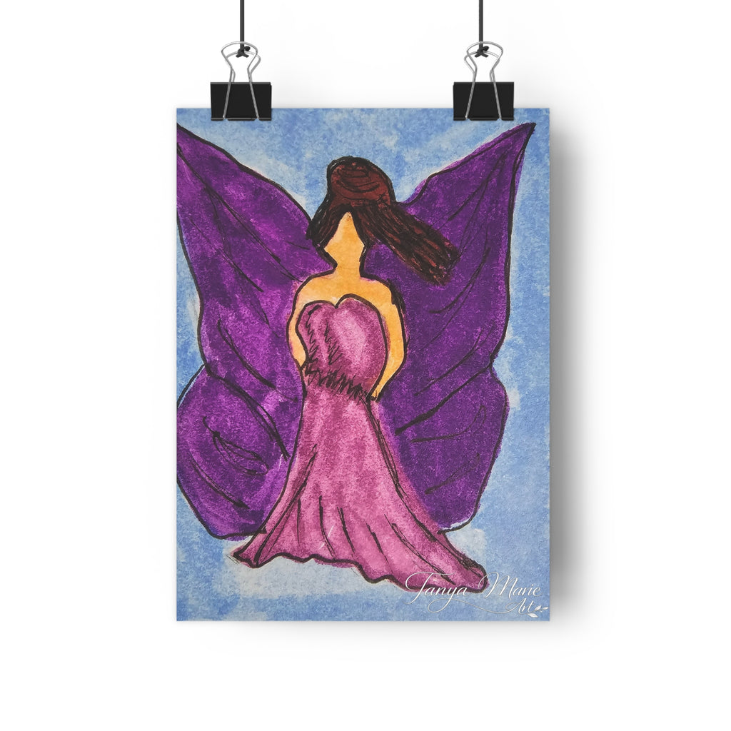 Fairy woman art print with purple wings and a pink dress