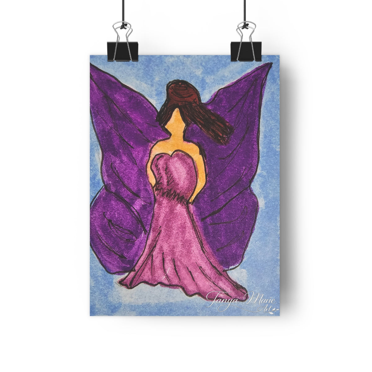 Fairy woman art print with purple wings and a pink dress